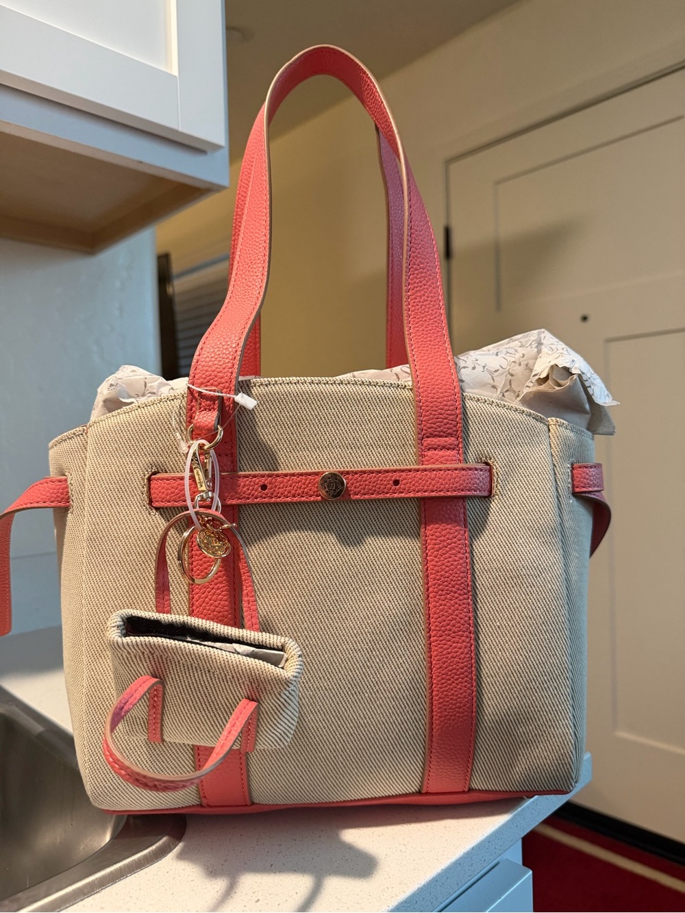 Nanette Lepore Beige Canvas Tote with Coral Pink Leather Trim